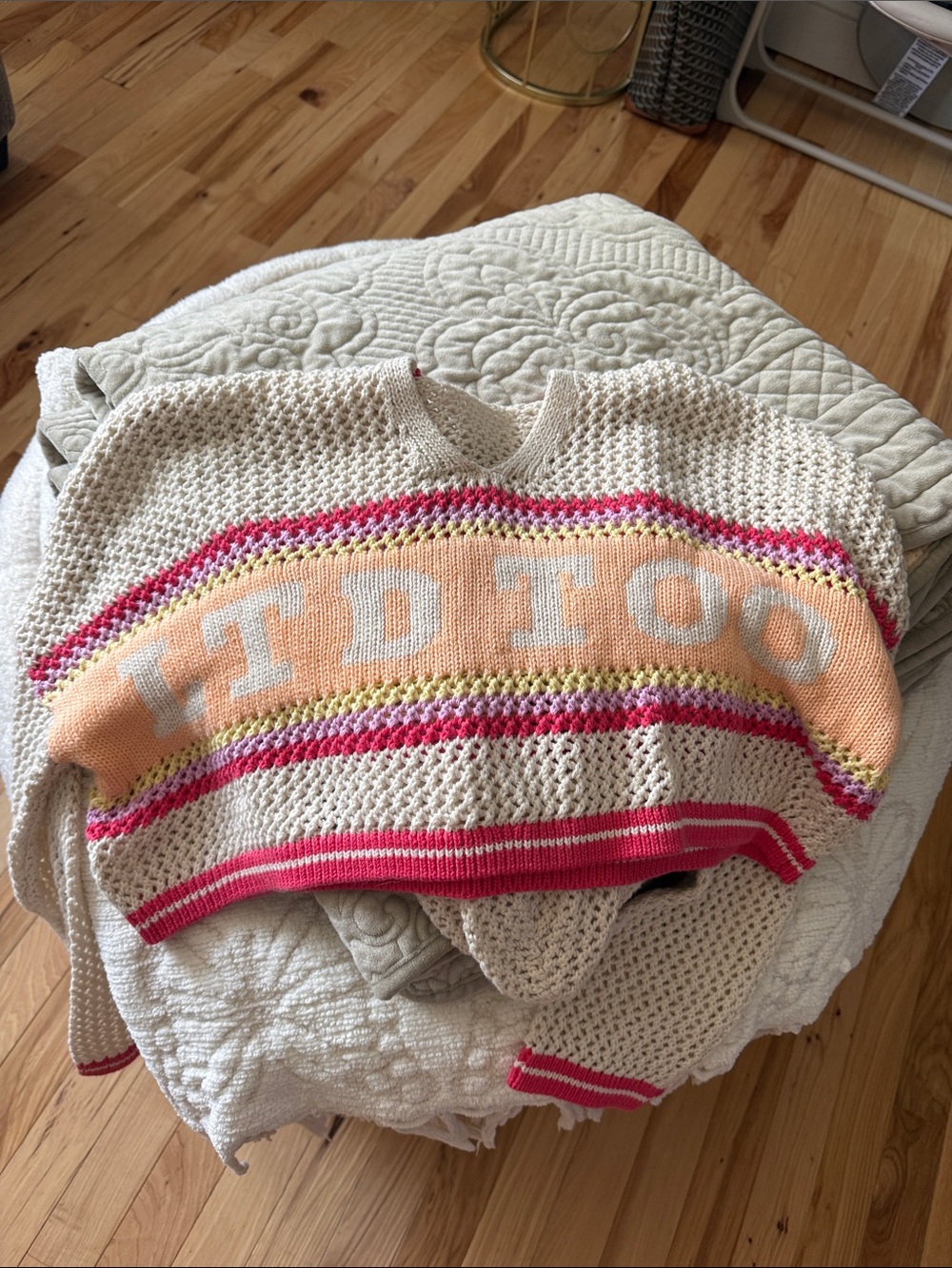Limited Too Cream Crochet Sweater with Peach, Pink & Yellow Stripes